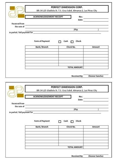 acknowledgement receipt for pdc cheques